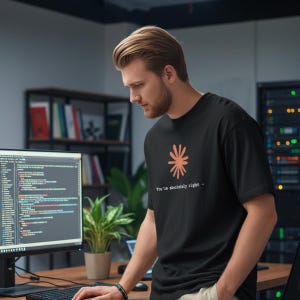 May include: Black t-shirt with a coral-colored flower design and the text "You're absolutely right - ". The shirt is being worn by a person in an office setting, with a computer and other office equipment visible in the background.