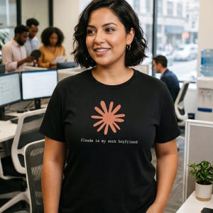 May include: A black t-shirt with a coral-colored floral design and the text "Claude is my work boyfriend." The shirt is being worn in an office setting.