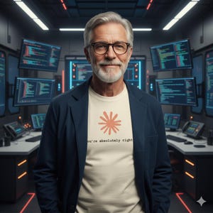 May include: A man wearing glasses and a navy blue blazer over a cream-colored t-shirt with a flower design and the text "you're absolutely right." The background shows computer screens with code.