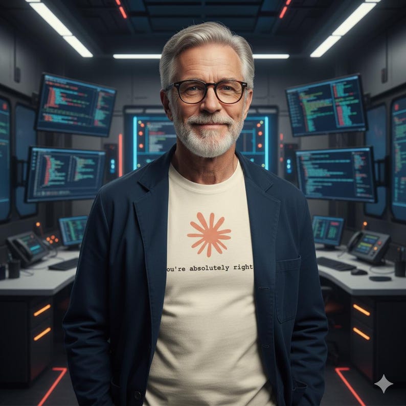 May include: A man wearing glasses and a navy blue blazer over a cream-colored t-shirt with a flower design and the text "you're absolutely right." The background shows computer screens with code.