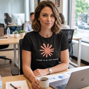 May include: Black t-shirt with a coral-colored floral design and the text "Claude is my work husband." The woman is sitting at a desk with a laptop and a coffee cup. The background shows an office setting.