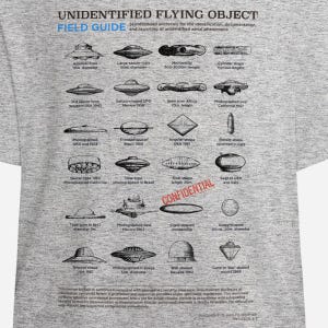 May include: A gray t-shirt featuring a detailed diagram of various unidentified flying objects (UFOs). The diagram includes different shapes, sizes, and locations of sightings, with text labels and measurements in meters.