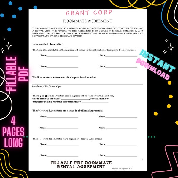 Roommate Lease Agreement PDF | Instant Download, Easy & Fillable