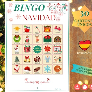 BINGO DE NAVIDAD, Bingo Navidad para imprimir, Bingo Navidad em espanhol, Cartones de Lotería, Juego Navideño en Familia, Actividad de Navidad