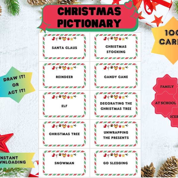 CHRISTMAS PICTIONARY Game, 100 Cards, printable, digital product, instant download, family, friends, activity, in English