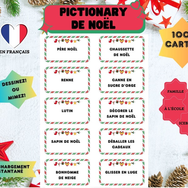 PICTIONARY de NOËL en Français, 100 cartes, jeu imprimable, Pictionnaire de Noël, produit digital, numérique, jeu de famille, activité Noël