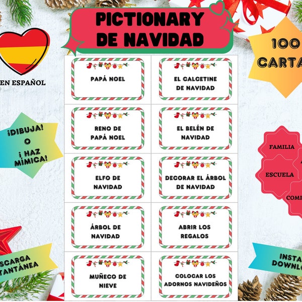 Juego PICTIONARY NAVIDAD, en Español, 100 cartas, juego imprimible, producto digital, familia, espagnol, Spanish, jeu, game, actividad, Noël