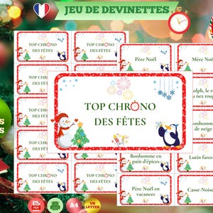 Pode incluir: Um conjunto de jogos festivos com o texto "TOP CHRONO DES FÊTES" e "100 CARTES ET PLUS". Os cartões apresentam ilustrações temáticas de feriados de um boneco de neve, um pinguim e uma árvore de Natal. Um relógio vermelho também está presente.