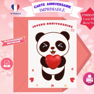 CARTE Anniversaire Imprimable - Carte de souhaits à imprimer - Carte personnalisée - Modèle Panda, Coeurs, Kawaii - anniversaire enfant, ami