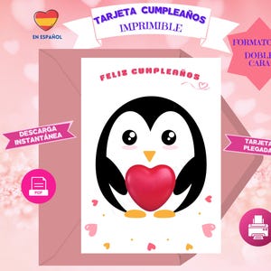 Tarjeta de CUMPLEAÑOS Imprimible - Tarjeta Personalizada para imprimir - Tarjeta en Español - Felicitaciones - Pingüino - Cumpleaños card