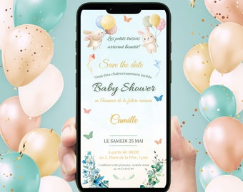 Invito digitale personalizzabile - Modello in francese - Baby Shower, Baby Shower, Compleanni, Annuncio di nascita - Gemelli