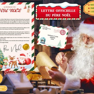 Peut inclure: Image du Père Noël écrivant une lettre. La scène comprend une lettre avec le texte « LETTRE OFFICIELLE DU PÈRE NOËL » et une lettre avec le texte « PRÉNOM ET NOM ADRESSE PAYS ». Le texte « TÉLÉCHARGEMENT INSTANTANÉ » est également présent.