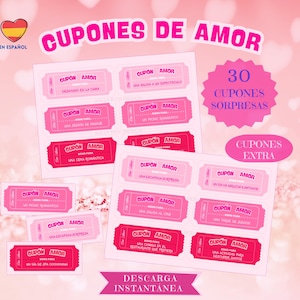 Peut inclure: Un ensemble de 30 coupons imprimables roses et rouges avec le texte "CUPONES DE AMOR" (espagnol pour "Coupons d'amour") et "30 CUPONES SORPRESAS" (espagnol pour "30 Coupons surprises"). Les coupons sont conçus pour les couples et comprennent des activités comme le petit-déjeuner au lit, un pique-nique romantique et une journée au spa.
