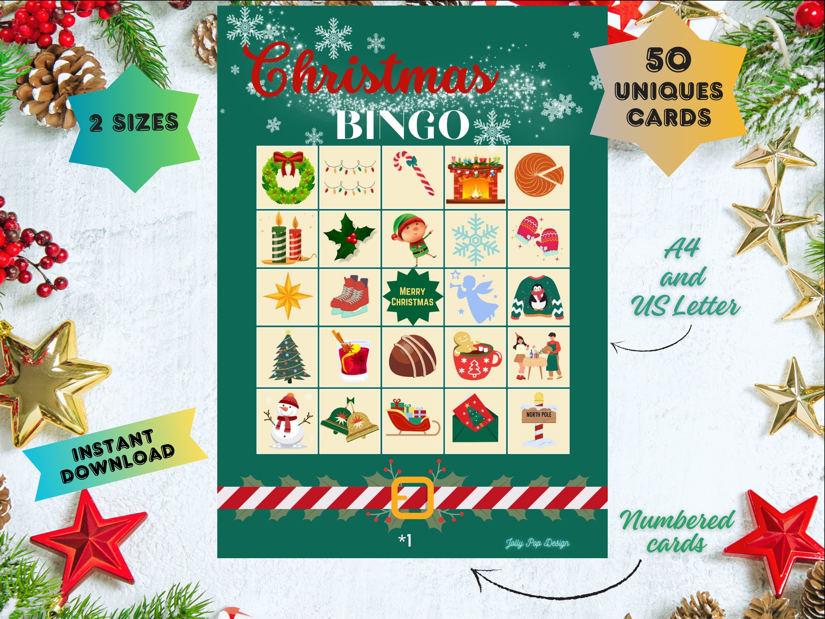 CHRISTMAS BINGO Game, 50 cards, digital product, instant download, printable, family, party