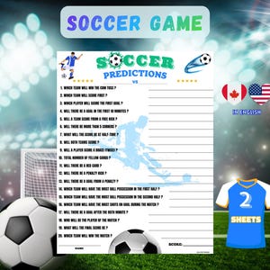 Puede incluir: Una hoja de juego con temática de fútbol con el título "SOCCER GAME" en morado. La hoja incluye preguntas de predicción, un balón de fútbol y una camiseta azul y blanca. El fondo presenta un campo de fútbol y focos.