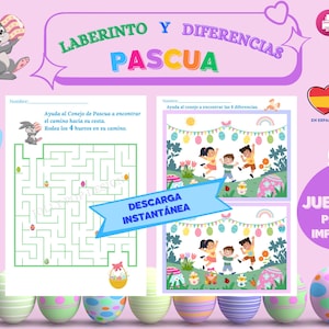 PAASSPELLETJES - 2 afdrukbare spelletjes - Doolhof en Zoek 8 Paasverschillen - Paasactiviteiten voor kinderen - in het Spaans