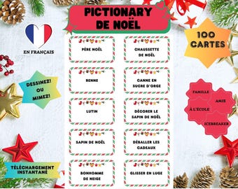CHRISTMAS PICTIONARY, Printable Game, Christmas Pictionary, Family Game, Christmas Activity, Guessing Game in French, 100 Game Cards