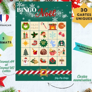 Jeu BINGO NOEL 30 Cartes, imprimable, produit digital, numérique, famille, amis, activité