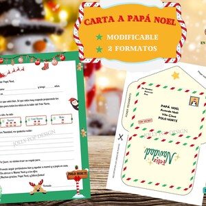 May include: A Spanish printable letter to Santa Claus and an envelope template. The letter has a green border with Christmas decorations and the text "Carta a Papá Noel". The envelope design includes a penguin stamp and the address "Polo Norte".