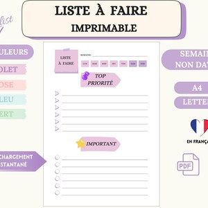 Liste à Faire imprimable - Liste de Tâches en Français - Agenda Non Daté - Planificateur Quotidien et Hebdomadaire  - Journal Quotidien