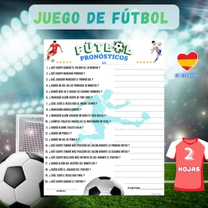May include: A soccer-themed game sheet with the title "Juego de Fútbol" and "Fútbol Pronósticos" in green and white. The sheet includes questions about the game, a soccer ball, and a red jersey with the number 2.