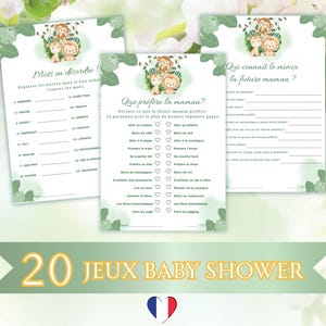 Peut inclure: Ensemble de jeux de baby shower sur le thème de la jungle. Les jeux comprennent des activités à compléter et des jeux d'association. Le texte "20 Jeux Baby Shower" est affiché en lettres dorées sur une bannière verte. Les jeux présentent des illustrations d'un lion, d'une girafe et d'un singe.