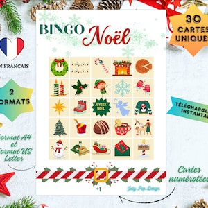 Gioco BINGO DI NATALE, 30 carte, in francese, stampabile, download istantaneo, prodotto digitale digitale, famiglia, amici, attività, bianco