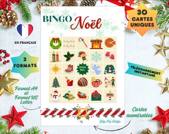 CHRISTMAS BINGO Game, 30 Cards, in French, printable, instant download, digital product, family, friends, activity, white