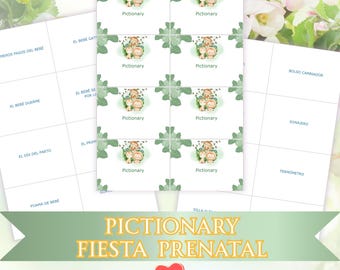 Pictionary Fiesta Prenatal - Juego Fiesta Prenatal en Español - Actividad para Baby Shower - Juego Adivinanzas - Revelación de Genero Baby