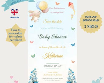 Invitation Card - E Card - Editable Template - Baby Shower, Gender Reveal, Birthday, Birth Announcement, Easter - Personalized Card - Canva