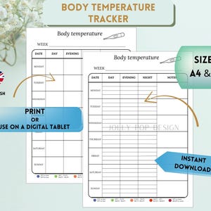 Può includere: Tracker di temperatura corporea stampabile in inglese. Il tracker ha colonne per settimana, data, giorno, sera, notte e note. Il tracker è disponibile nei formati A4 e A5.