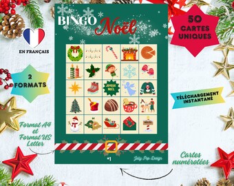 CHRISTMAS BINGO game, 50 cards, in French, printable, instant download, digital product, digital, family, friends, activity