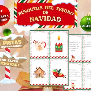 Peut inclure: Un kit sur le thème de Noël avec le texte "Búsqueda del Tesoro de Navidad" en rouge et blanc. Comprend des cartes imprimables avec des illustrations d'une maison en pain d'épices, d'une tasse de cacao et d'une bougie. Comprend également un panneau avec "12 PISTAS".