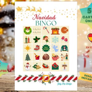 BINGO NAVIDAD 50 Cartones en Español, imprimible, producto digital descarga, familia, actividad, amigos, Spanish, fiestas, Noël, Christmas