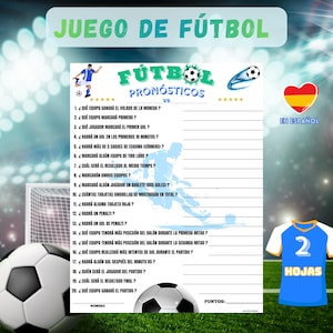 May include: A soccer-themed game sheet in Spanish with the title "JUEGO DE FÚTBOL" and the text "FÚTBOL PRONÓSTICOS". The sheet includes questions about the game, a soccer ball, and a blue jersey with the number 2 and the word "HOJAS".