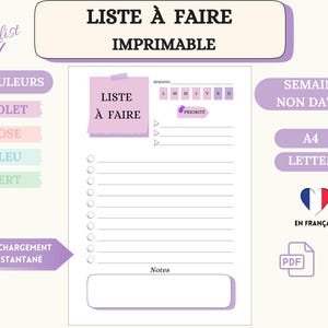 Liste à Faire à imprimer - Liste de Tâches - Agenda Non Daté - Planificateur Numérique Quotidien et Hebdomadaire - Agenda Pastel en Français