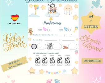 Printable Baby Shower Games - Set of 2 activities Fiesta Prenatal, Revelación de Genero - Predicciones sobre el Baby, Advice - Español