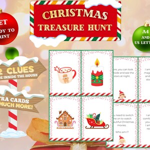 Peut inclure: Un ensemble de chasse au trésor de Noël imprimable. Le design comprend une enseigne rouge avec le texte "Christmas Treasure Hunt", des cartes d'indices avec des illustrations festives et un panneau avec le texte "12 Clues" et "Extra Cards".