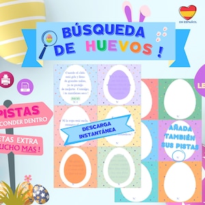 BÚSQUEDA DE HUEVOS de Pascua - Juego Imprimible - Pistas para La Caza De Huevos - Actividad de Pascua para niños y familia - en Español