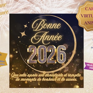 Animated Happy New Year 2026 Card, Virtual Happy New Year Card in French, Digital Card 2026, Virtual Card 2026, Virtual Greeting Card