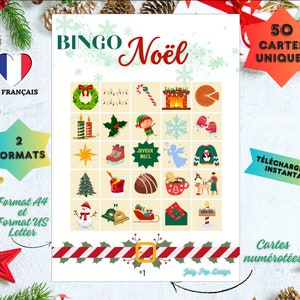 JEU BINGO NOËL, 50 Cartes, en Français, imprimable, téléchargement instantané, produit digital, numérique, famille, amis, activité, blanc