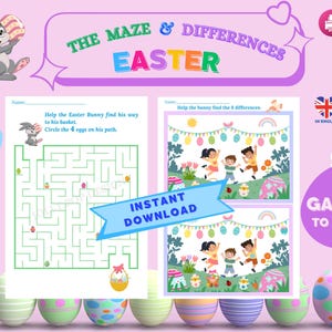Peut inclure: Pack d'activités de Pâques imprimable avec deux jeux : un labyrinthe et un jeu de différences. Le labyrinthe représente un lapin de Pâques et des œufs. Le jeu de différences représente trois lapins sautant dans un champ avec des œufs de Pâques et des fleurs. Le texte "The Maze & Differences Easter" est en haut de la page. Le texte "Instant Download" est dans une bannière bleue. Le texte "2 Games to Print" est dans une bannière violette.
