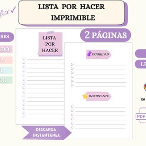 LISTA POR HACER imprimible en Español - Plantilla Lista de Tareas 2 páginas - Diario Non fechado - To Do List in Spanish - Planificador