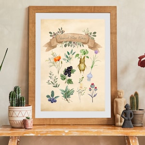 May include: A framed print featuring botanical illustrations of various plants and flowers, including a poppy, berries, and a mandrake. The print has a vintage aesthetic with the text "Advanced Potion Making" on a banner.
