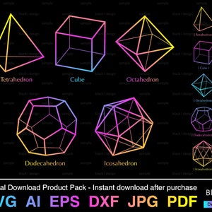 Op de afbeelding: Een set van 10 geometrische vormen, waaronder een tetraëder, een kubus, een octaëder, een dodecaëder en een icosaëder. De vormen zijn omlijnd in een regenboogkleurige gradiënt van roze, geel, blauw en groen.