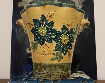 Vintage Japanese Floral Hand Painted Terra Cotta Cache Pot