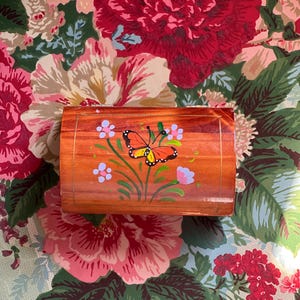 Vintage Hand Painted Mexican Monarch Wooden Jewelry or Keepsake Box