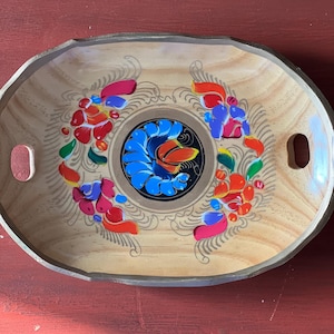 Vintage Mexican Hand Painted Flowers Folk Art Batea Wooden Decorative Serving Tray