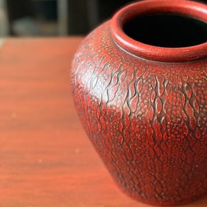 Può includere: Un vaso in ceramica rosso con una superficie testurizzata e squamosa. Il vaso ha un'ampia apertura e un corpo arrotondato.