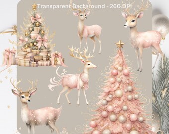 Pink Pastel Christmas Clipart bundle, digital stickers for GoodNotes, transparent background PNG download, for Christmas card making,